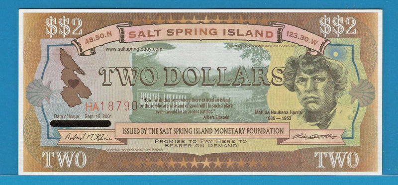 2001 CanadaTwo Dollar Salt Spring Island $$2 Prefix HA18790 Uncirculated