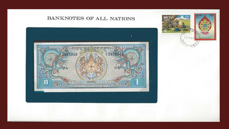1981 Bhutan Banknote Of All Nations 1 Ngultrum Franklin Mint GEM Unc B-87