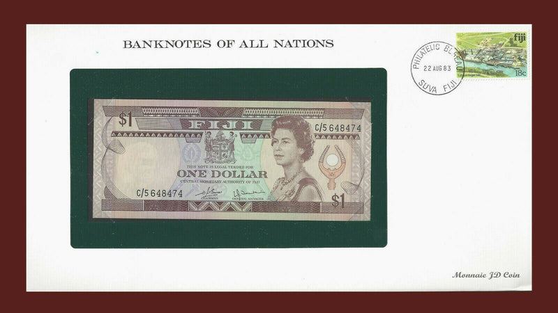 1980 Fiji Banknote Of All Nations 1 Dollar Franklin Mint GEM Unc B-5