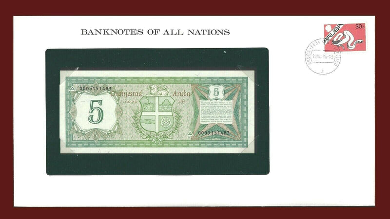 1986 Aruba Banknote Of All Nations 5 Florin Franklin Mint GEM Unc B-93