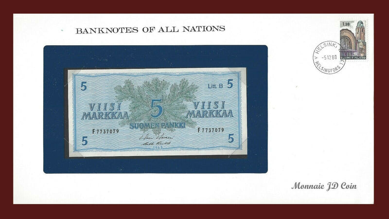1963 Finland Banknote Of All Nations 5 Markkaa Franklin Mint GEM Unc B-47