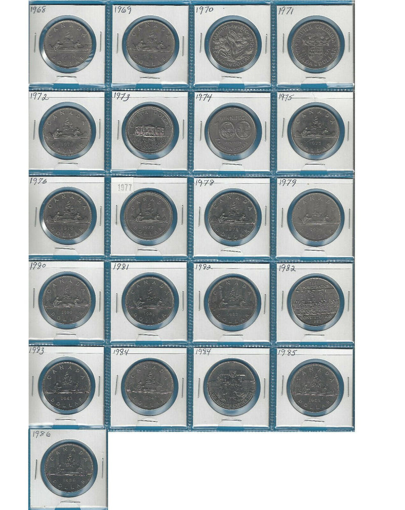 Complete Set 1968 to1986 Canada Nickel Dollar Coins Circ/UNC 21 Coins Com Inclus