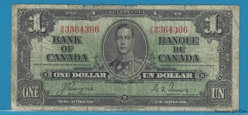 1937 Bank Of Canada $1 BC-21d Coyne/Towers O/N3364306 Circulated