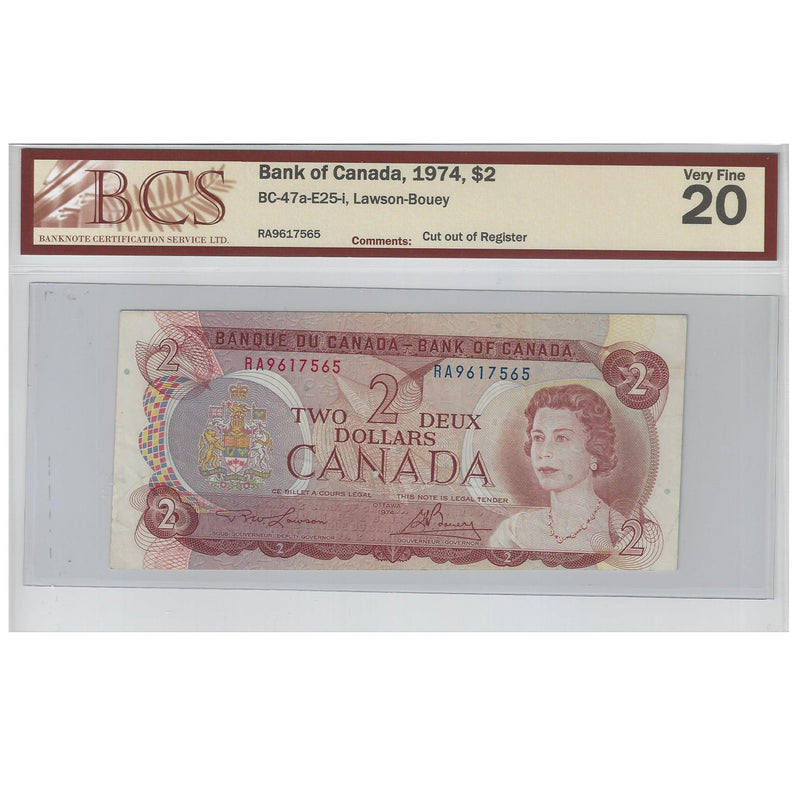 1974 $2 ERROR Banque Of Canada (Cut Out Of Register) BC-47-a-E25-i BCS VF20