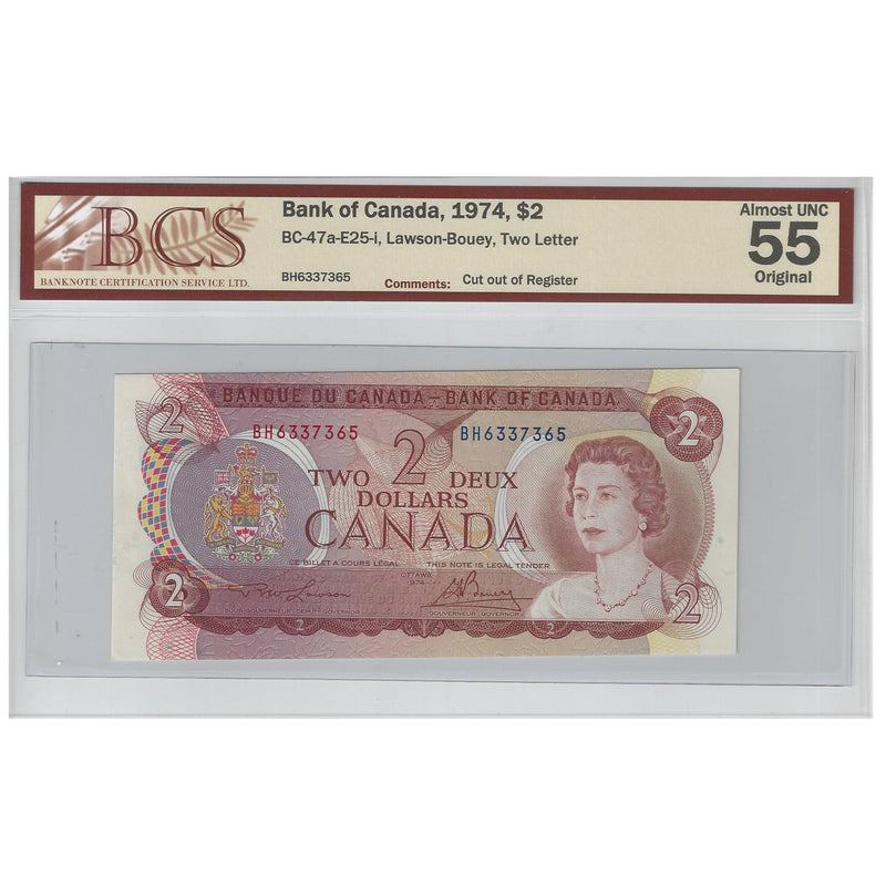 1974 $2 ERROR Banque Of Canada(Cut Out Of Register) BC-47-a-E25-i Almost UNC55