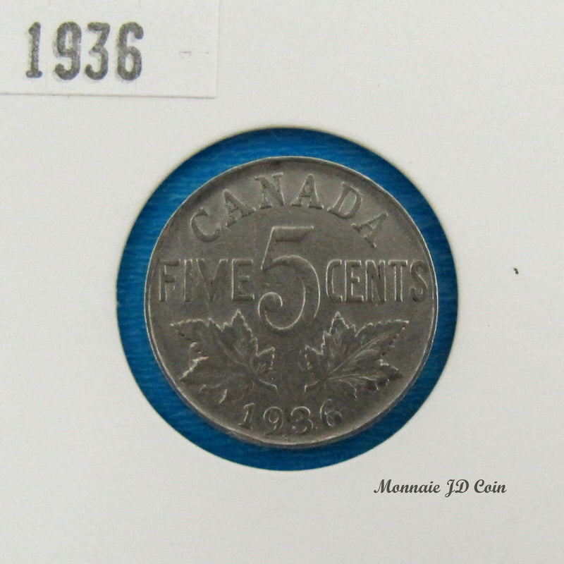 1936 Canada 5 Cents Nickel Coin Georges V