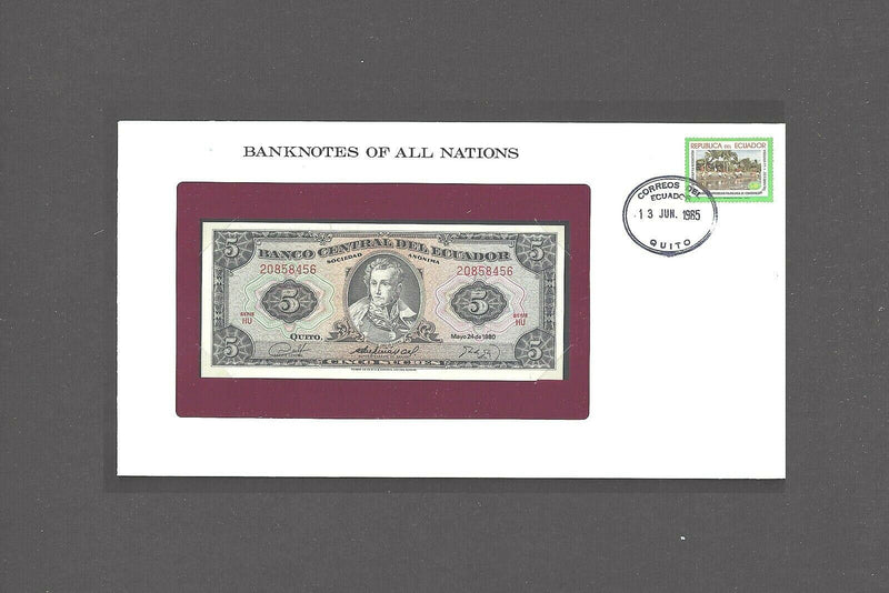 1980 Ecuador Banknote Of All Nations 5 Sucres Franklin Mint Gem Unc. V-17