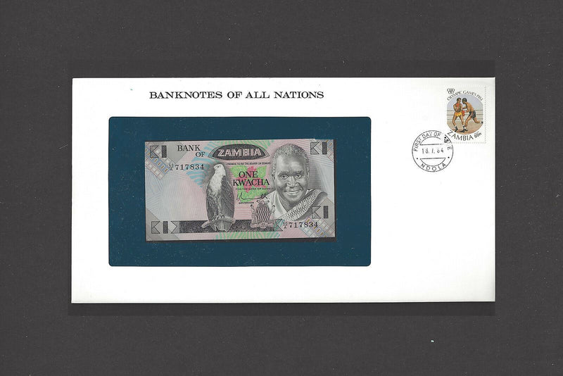 1980 Zambia Banknote Of All Nations 1 Kwacha Franklin Mint GEM Unc. V-30