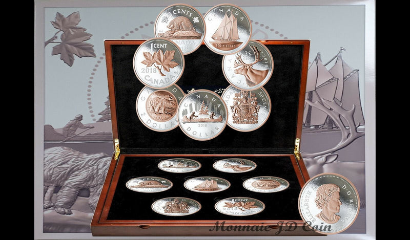 2018 Canada 7 Big Coin Serie Set 5oz Fine Silver Gold Plated & Deluxe Case