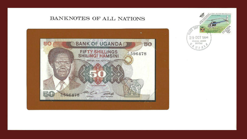 1984 Uganda Banknote Of All Nations 50 Shillings Franklin Mint GEM Unc B-90