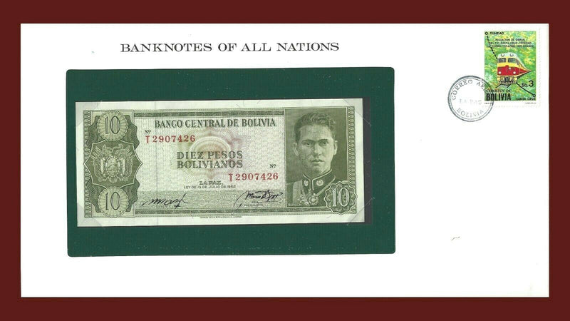 1962 Bolivia Banknote Of All Nations 10 Pesos Franklin Mint GEM Unc B-57