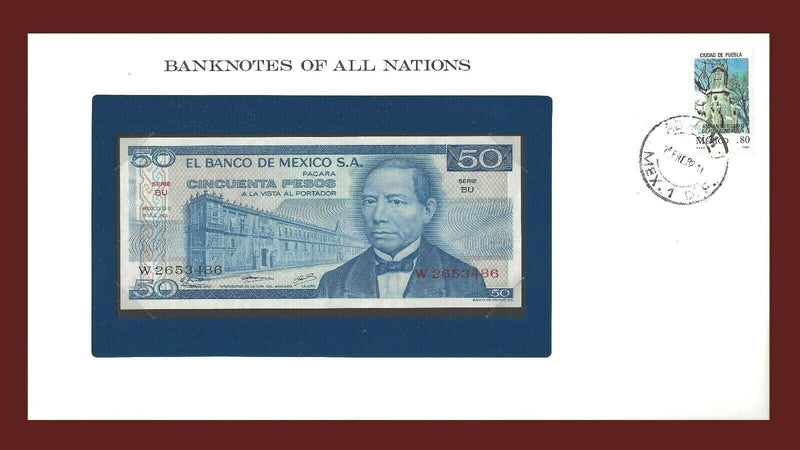 1973 Mexico Banknote Of All Nations 50 Pesos Franklin Mint GEM Unc B-63