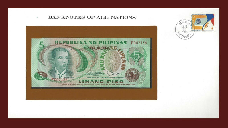 1978 Philippines Banknote Of All Nations 5 Piso Franklin Mint GEM Unc B-65