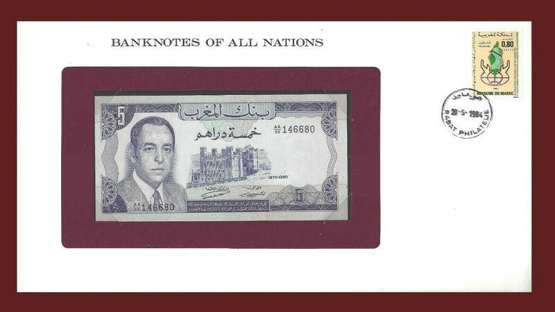 1970 Morocco Banknote Of All Nations 5 Dirhams Franklin Mint GEM Unc B-69