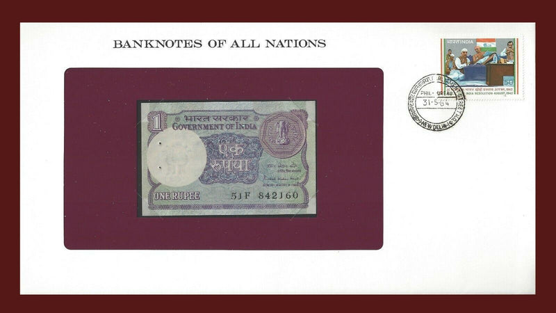 1984 India Banknote Of All Nations 1 Rupee Franklin Mint Unc B-79