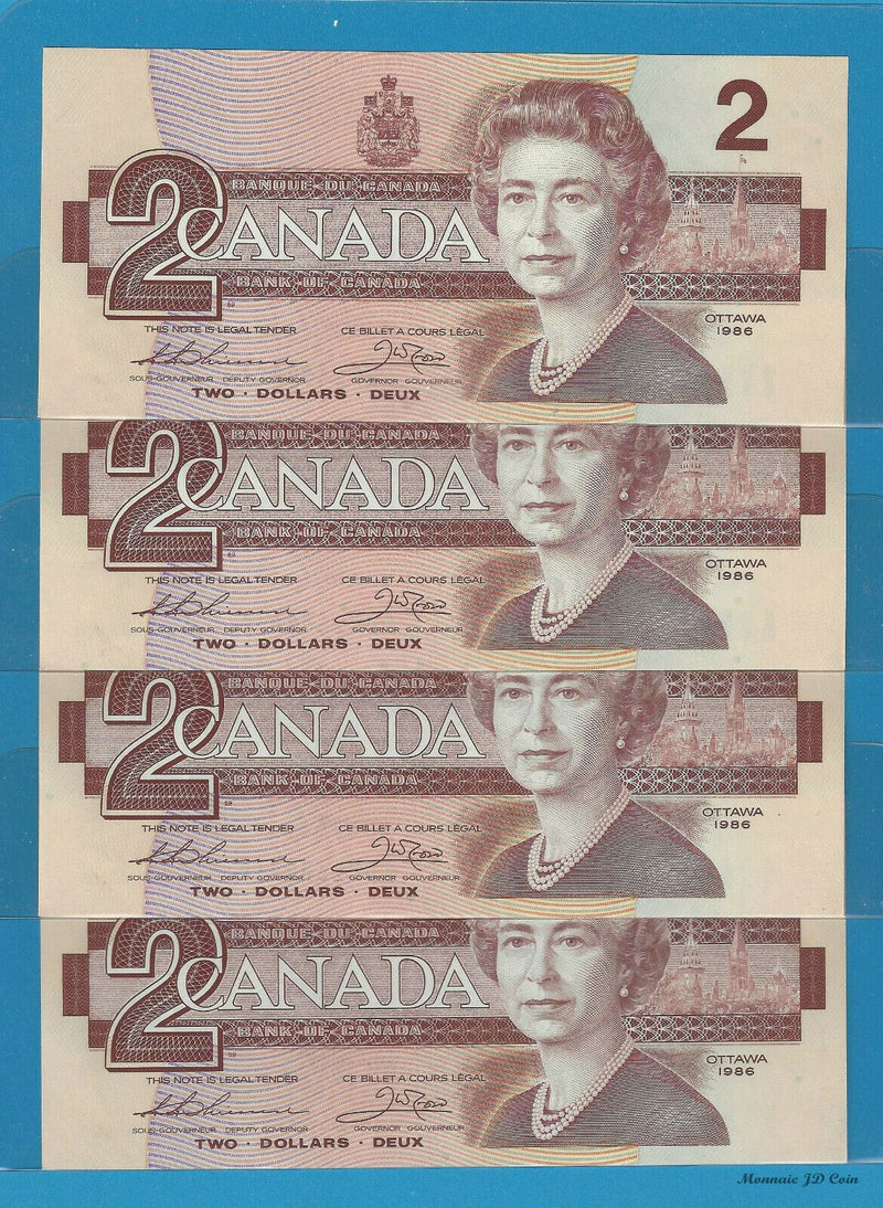 1986 Bank Of Canada $2 Lot Of 4 Concecutive Large B BBP2658818 Theissen/Crow UNC