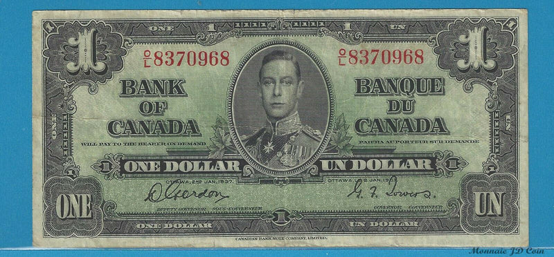 1937 Bank Of Canada $1 BC-21c Gordon/Towers O/L8370968 Wide Sing.Panel Circ.
