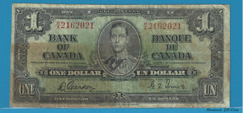 1937 Bank Of Canada $1 BC-21c Gordon/Towers R/A2162021 Wide Sing.Panel Circ.