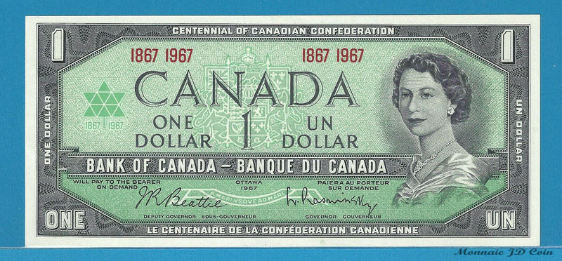 1967 Bank Of Canada $1BC-45a Beattie/Rasminsky Back Plate Number 4 Uncirculated