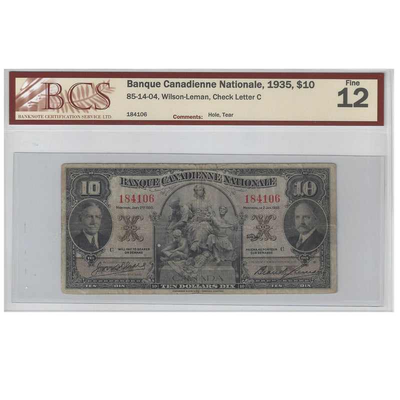 1935 $10 Banque Canadienne Natinal 85-14-04 Letter C Wilson-Leman BCS Fine 12