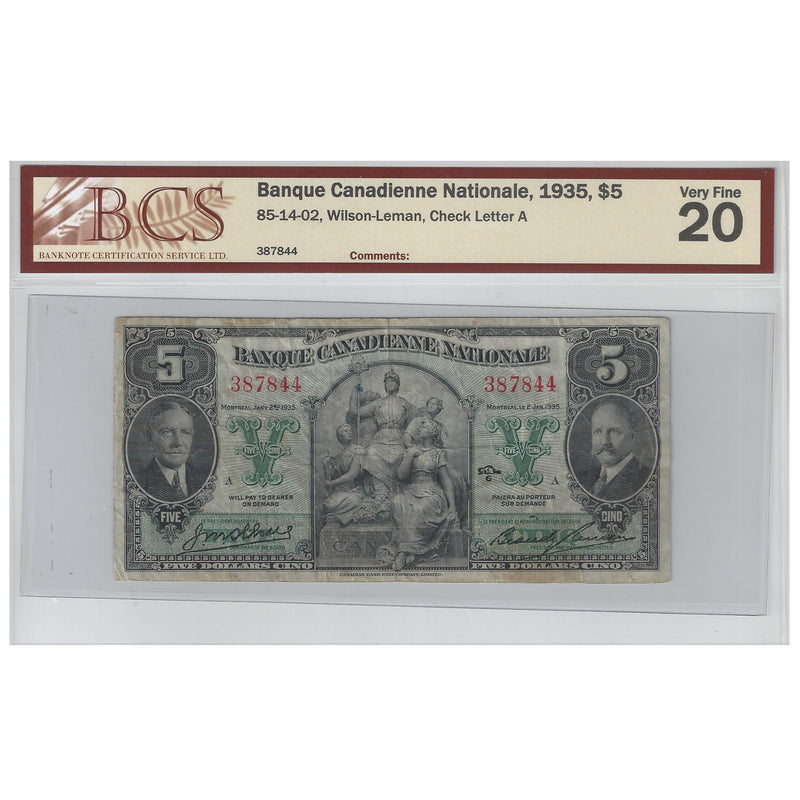 1935 $5 Banque Canadienne Natinal 85-14-02 Letter A Wilson-Leman BCS VF-20