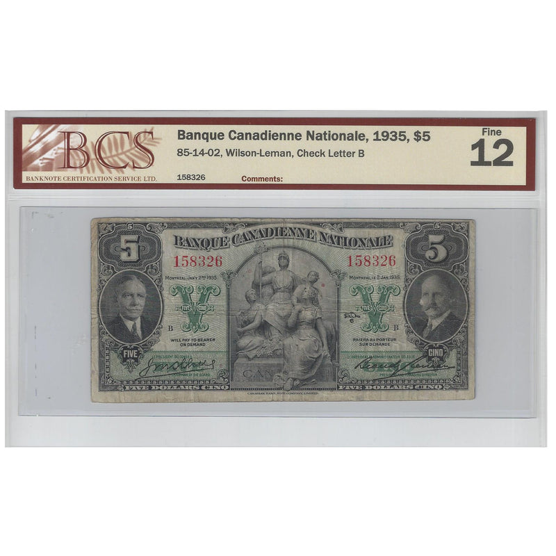1935 $5 Banque Canadienne Natinal 85-14-02 Letter B Wilson-Leman BCS Fine 12