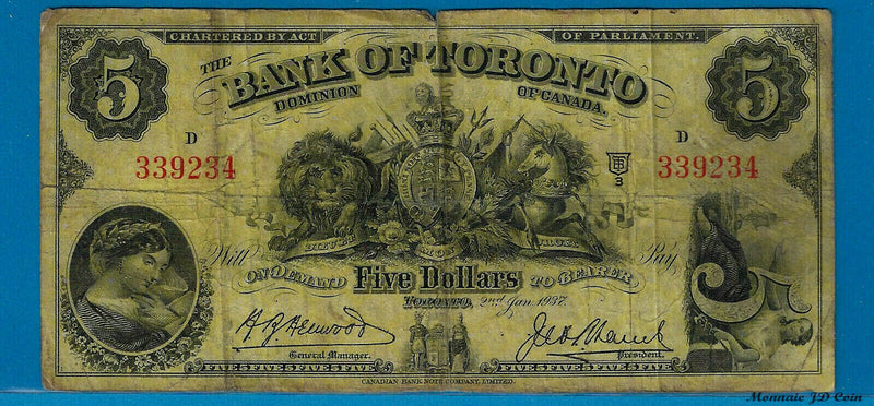 1937 $5 Bank Of Toronto Chartered Bank Note Circulated Sing/Marsh