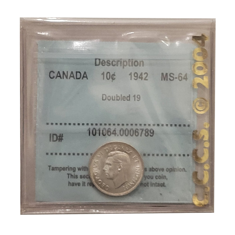 1942 Double Date 19 10 Cent Canada Certifield CCCS MS-64