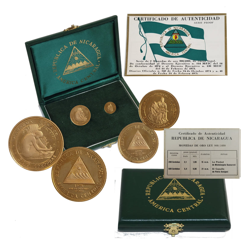 1975 REPUBLICA DE NICARAGUA 500 And 200 Cordobas Proof .900 Gold Coin  Tax Exempt