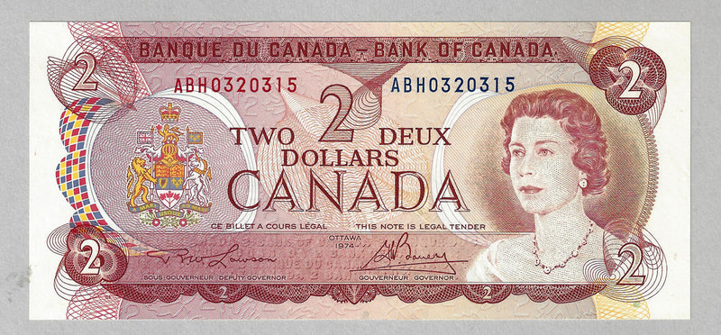 1974 $2 Bank of Canada Note Lawson-Bouey Prefix ABH0320315 BC-47a-i CH/UNC