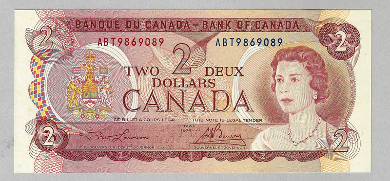 1974 $2 Bank of Canada Note Lawson-Bouey Prefix ABT9869089 BC-47a-i CH/UNC