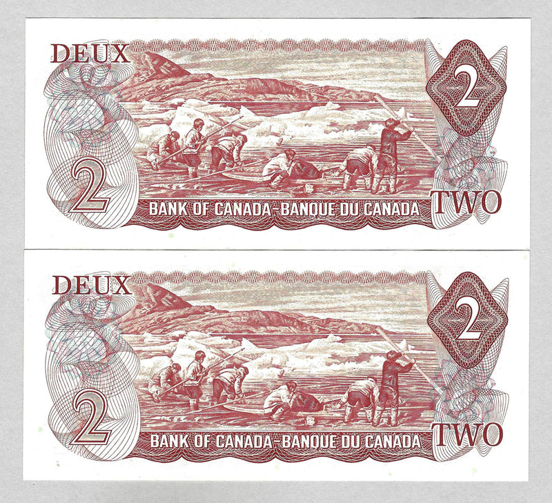 1974 $2 2Consecutive Bank of Canada Note Lawson-Bouey Prefix AGA BC-47a CH/UNC