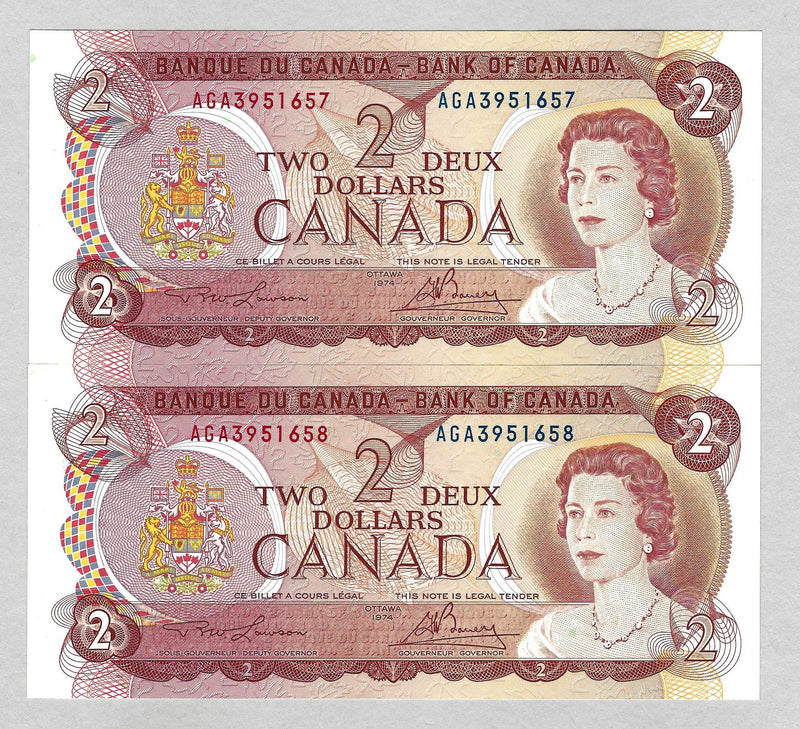 1974 $2 2Consecutive Bank of Canada Note Lawson-Bouey Prefix AGA BC-47a CH/UNC