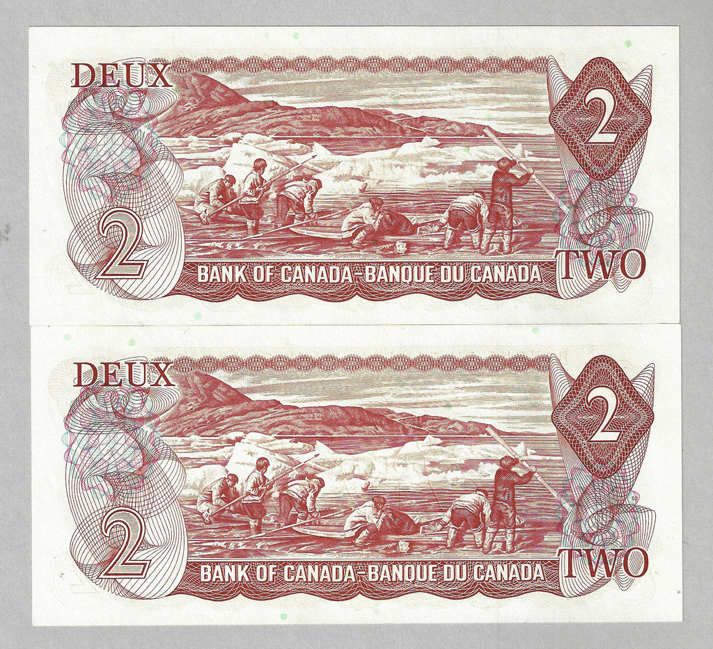 1974 $2 2 Consecutive Bank of Canada Note Crow-Bouey Prefix AGR BC-47b
