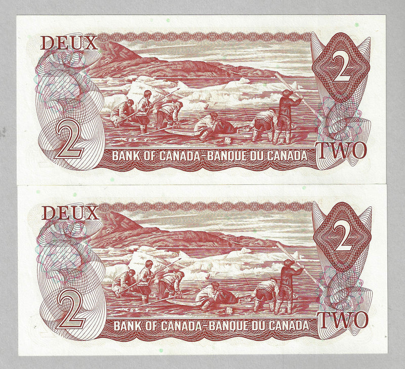 1974 $2 2 Consecutive Bank of Canada Note Crow-Bouey Prefix AGR BC-47b GEM/UNC