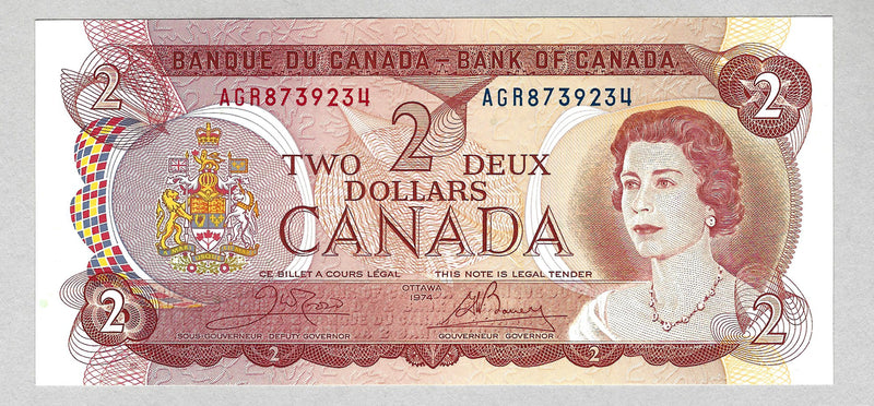1974 Bank Of Canada $2 Dollar Bank Note Prefix