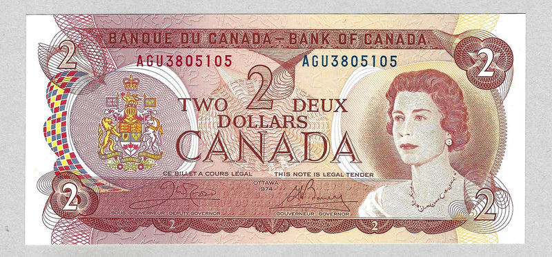 1974 $2 Bank of Canada Note Crow-Bouey Prefix AGU3805105 BC-47b CH/UNC