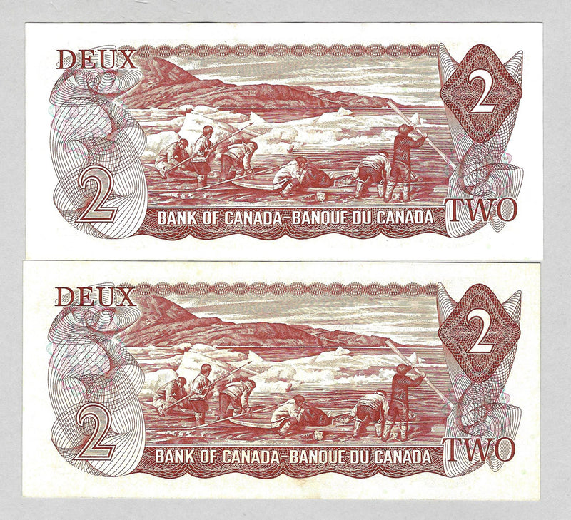 1974 $2 2 Consecutive Bank of Canada Note Crow-Bouey Prefix AGU BC-47b CH/UNC