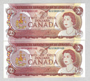 1974 $2 2 Consecutive Bank of Canada Note Crow-Bouey Prefix AGU BC-47b CH/UNC