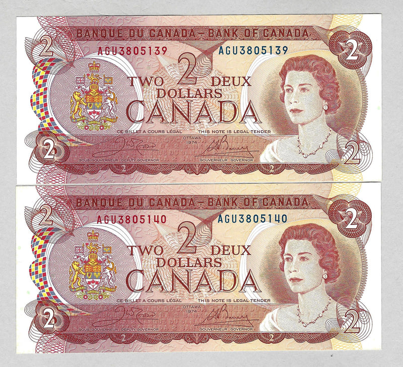 1974 $2 2 Consecutive Bank of Canada Note Crow-Bouey Prefix AGU BC-47b CH/UNC