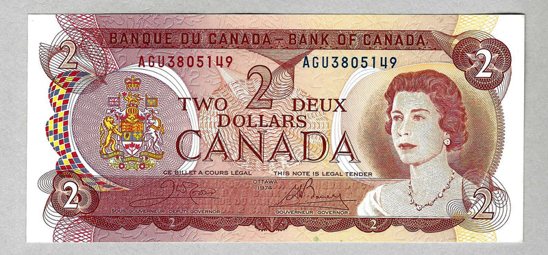 1974 $2 Bank of Canada Note Crow-Bouey Prefix AGU3805149 BC-47b CH/UNC