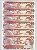 1974 $2 6 Consecutive Bank of Canada Note Crow-Bouey Prefix AGU BC-47b CH/UNC