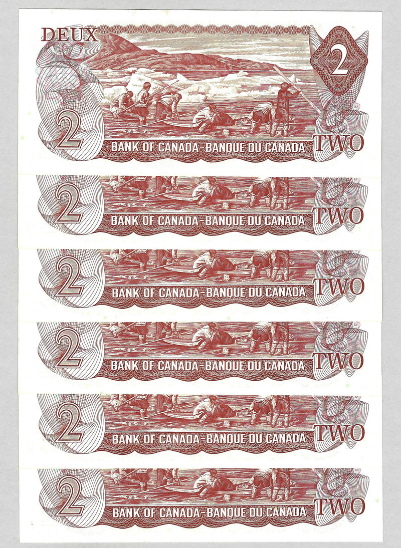 1974 $2 6 Consecutive Bank of Canada Note Crow-Bouey Prefix AGU BC-47b CH/UNC