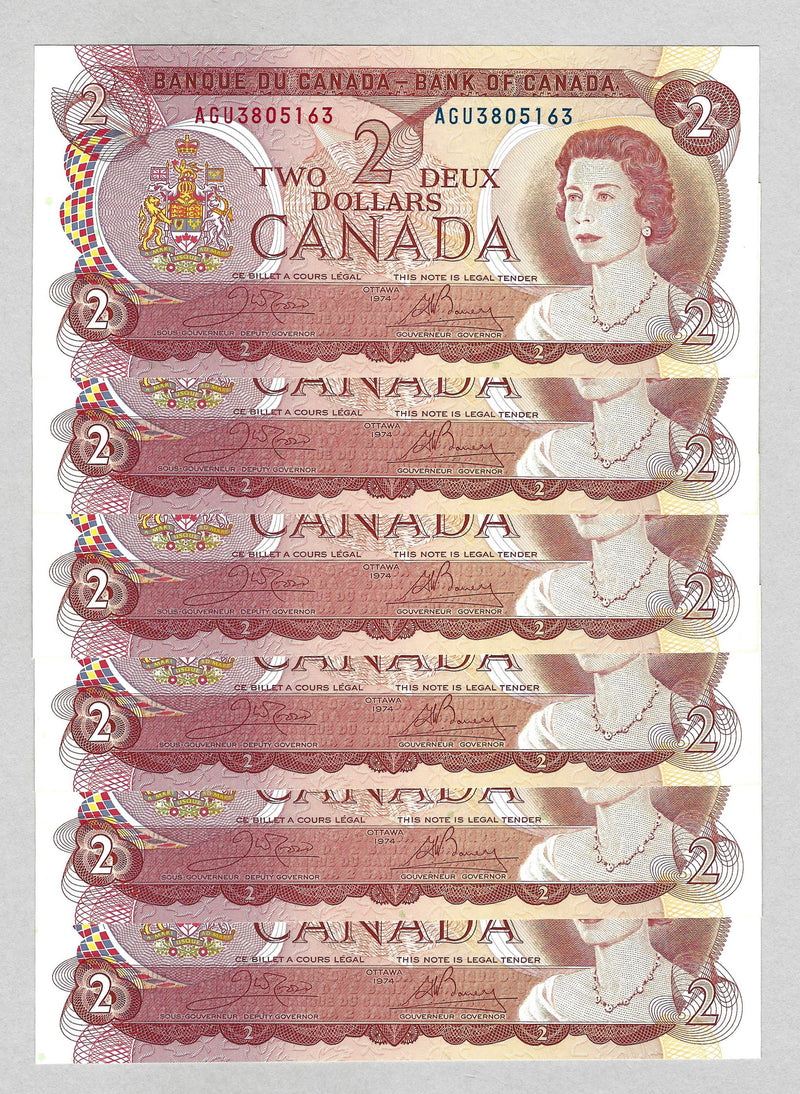 1974 $2 6 Consecutive Bank of Canada Note Crow-Bouey Prefix AGU BC-47b CH/UNC