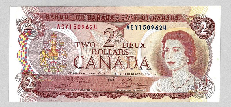 1974 $2 Bank of Canada Note Crow-Bouey Prefix AGY BC-47b CH/UNC