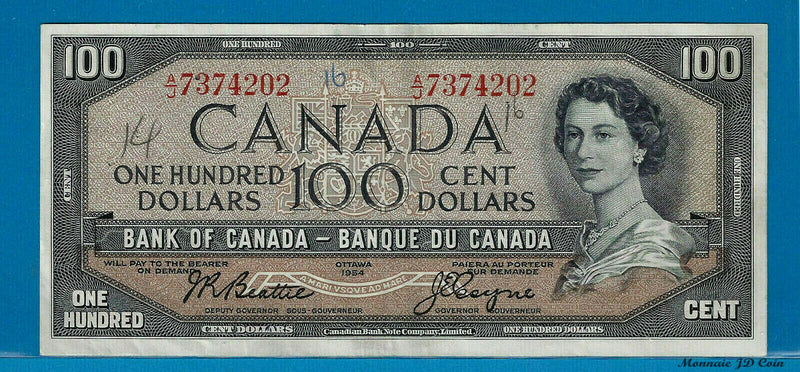 1954 $100 Bank of Canada Note Beattie-Coyne A/J Prefix BC-43a - Circulated