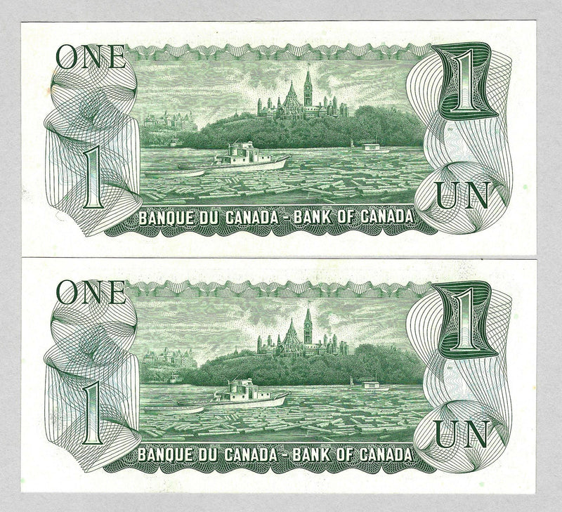 1973 $1 Set Of 2 Consecutive Bank Of Canada Lawson- Bouey Prefix AJ BC-46a UNC