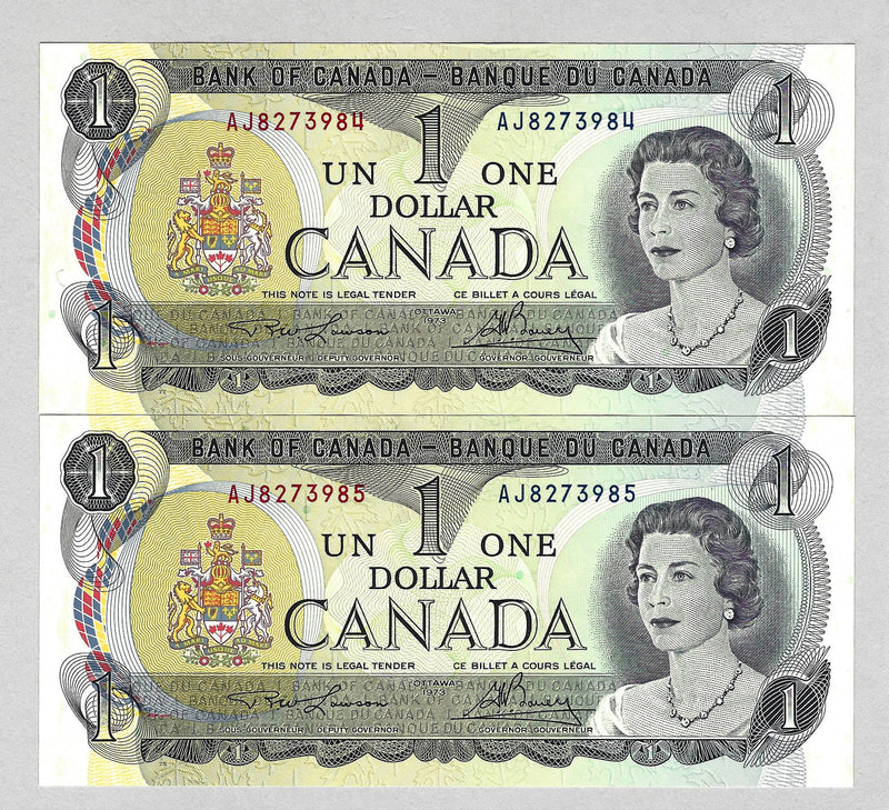 1973 $1 Set Of 2 Consecutive Bank Of Canada Lawson- Bouey Prefix AJ BC-46a UNC