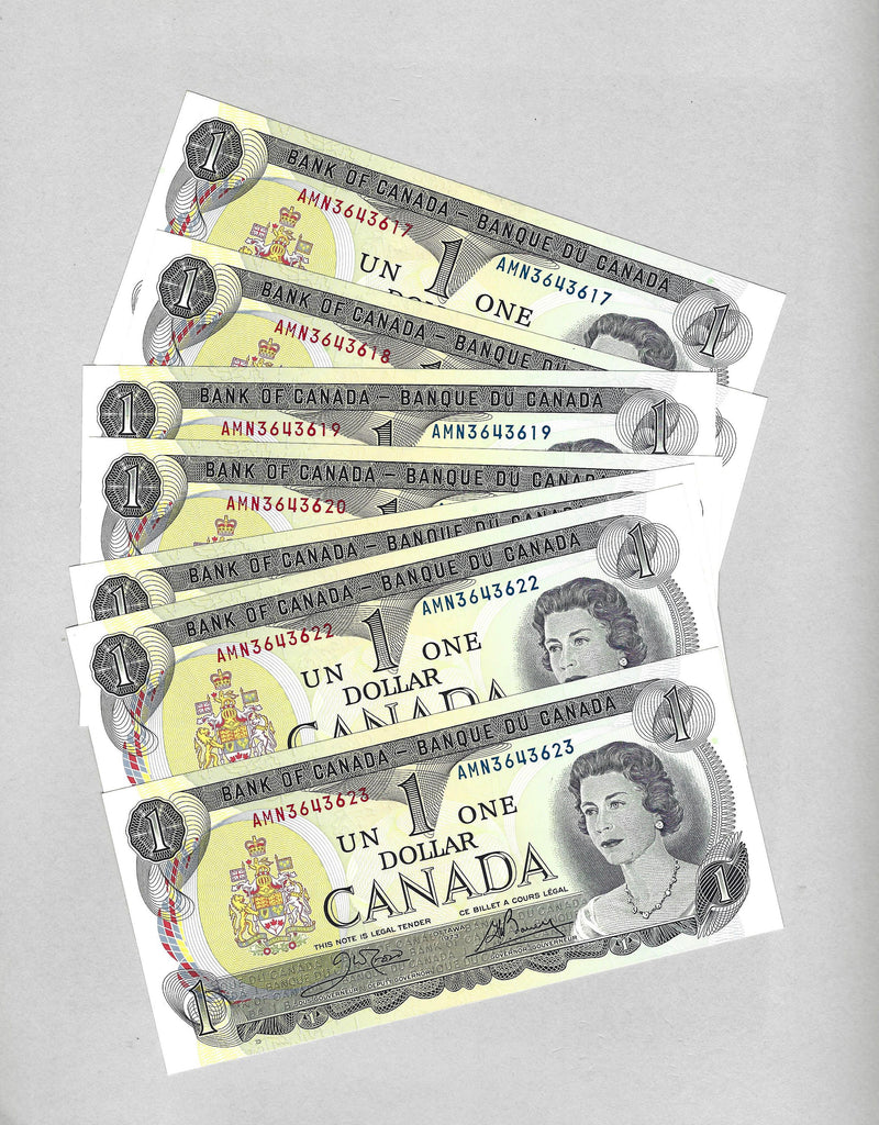 1973 Bank Of Canada $1Lot Of 7 Concecutive Prefix AMN3643617 (Crow/Bouey) UNC