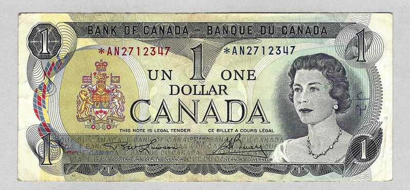 1973 Bank Of Canada $1 Dollar Replacement Prefix *AN2712347 (Lawson/Bouey) Cir.
